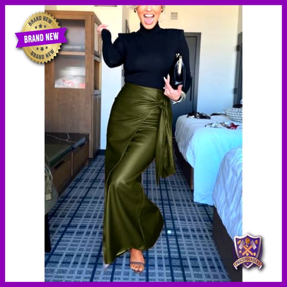 Faux Leather Pencil Skirt High Waisted Wrap Side Slit Work Office - Picture 3 of 4